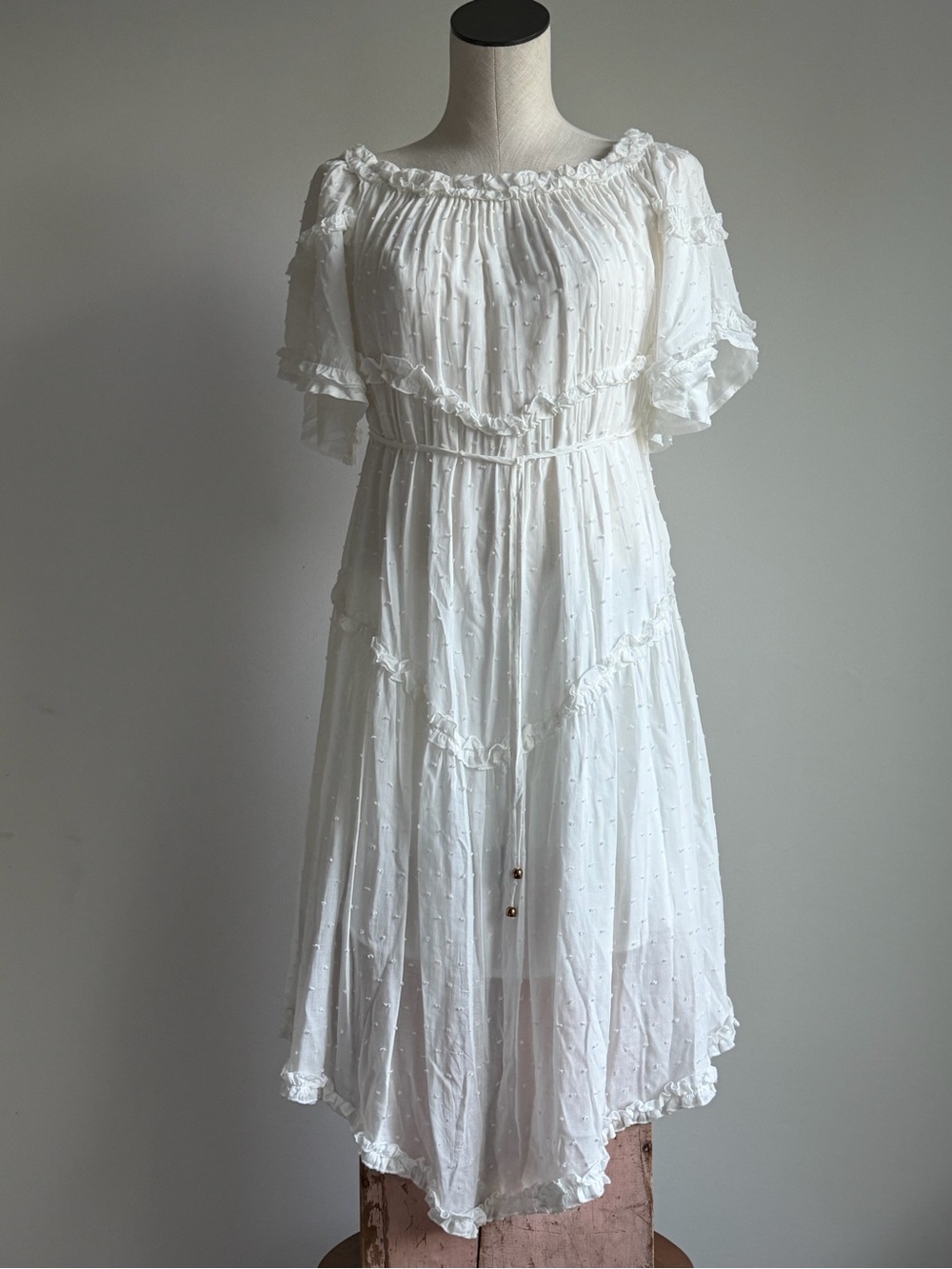 Bluivy White Swiss-Dot Ruffle Midi Dress